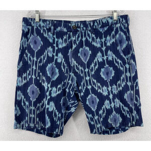 HOOK & ECHO Shorts Mens 34 Ikat Aztec 9" Chino Walking Woven Cotton Blue